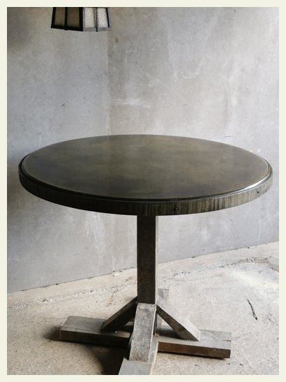 Round Iron Top table with Oak trim and base