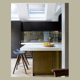 kitchen brass cabinet doors and island, UK