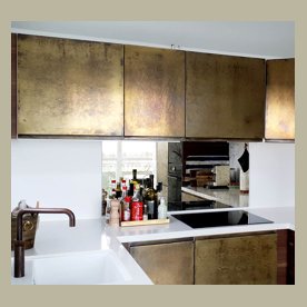 Kitchens- our splashbacks, kitchen doors and extractors all in a range of  hand finished metals, copper, brass and bronze