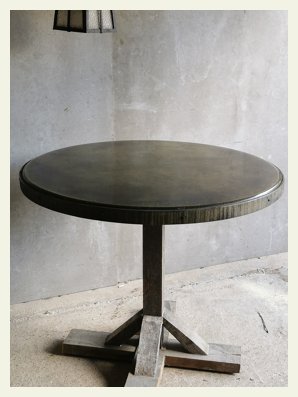 Round Iron Top table with Oak trim and base