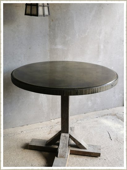 Round Iron Top table with Oak trim and base