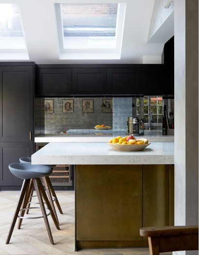 kitchen brass cabinet doors and island, UK